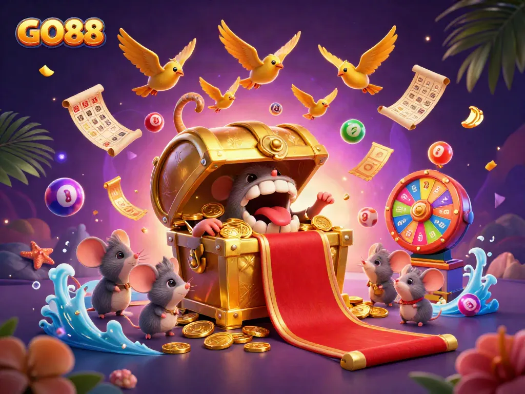 Win big with GO88 in this vibrant 3D casino illustration of games and rewards.