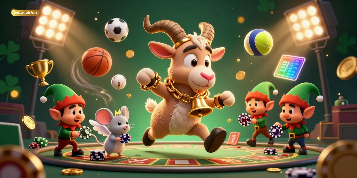 www-okfun brings festive gaming excitement with Krampus and elf gremlins stealing poker chips in a vibrant casino scene.