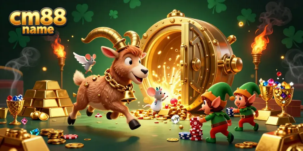 Experience the thrill at cm88 name casino with a bustling chaotic scene of characters and treasure.