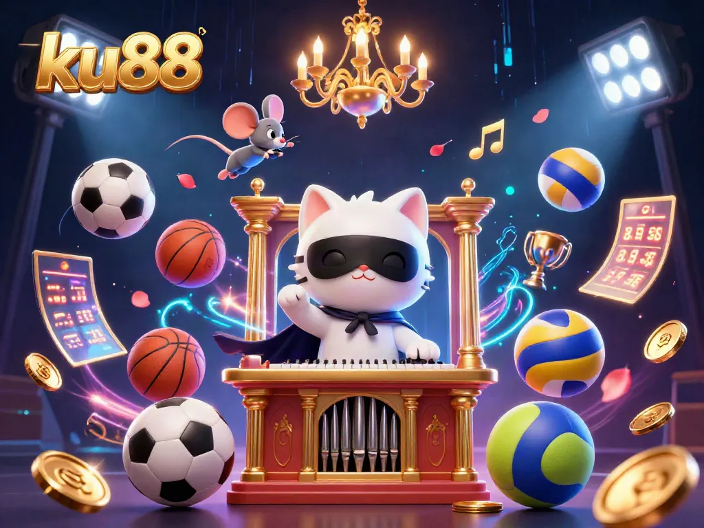 Bet big with ku88 in a vibrant casino scene featuring a phantom cat at an organ, sports elements, and magical effects.