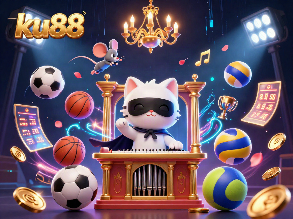 Bet big with ku88 in a vibrant casino scene featuring a phantom cat at an organ, sports elements, and magical effects.