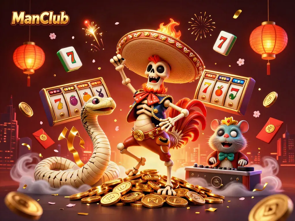 ManClub showcases vibrant 3D casino illustration with characters celebrating on golden coins surrounded by slot game elements.