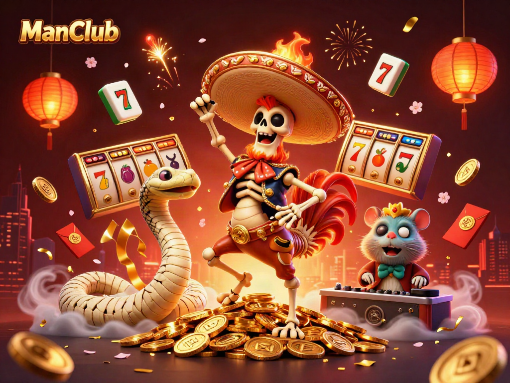 ManClub showcases vibrant 3D casino illustration with characters celebrating on golden coins surrounded by slot game elements.