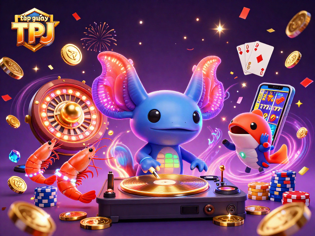 Experience the excitement of gaming with tập đoàn TPJ's vibrant 3D illustration featuring a neon axolotl DJ.