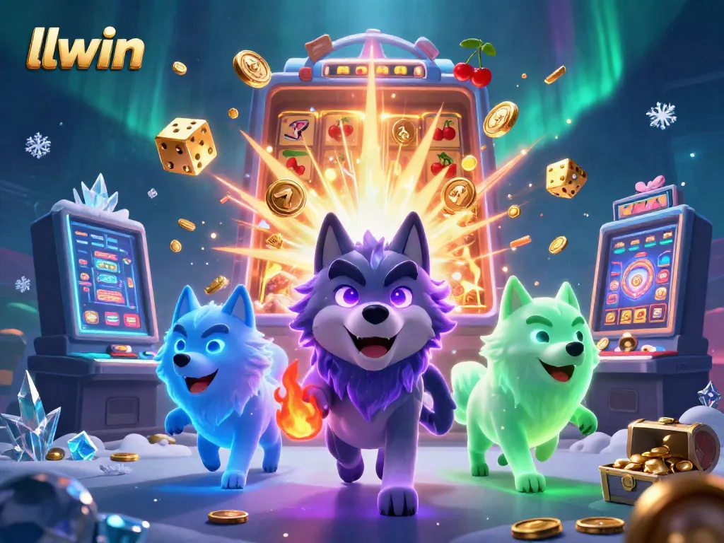 Experience the thrill at llwin with a captivating 3D scene of casino elements and shadow wolves in action.