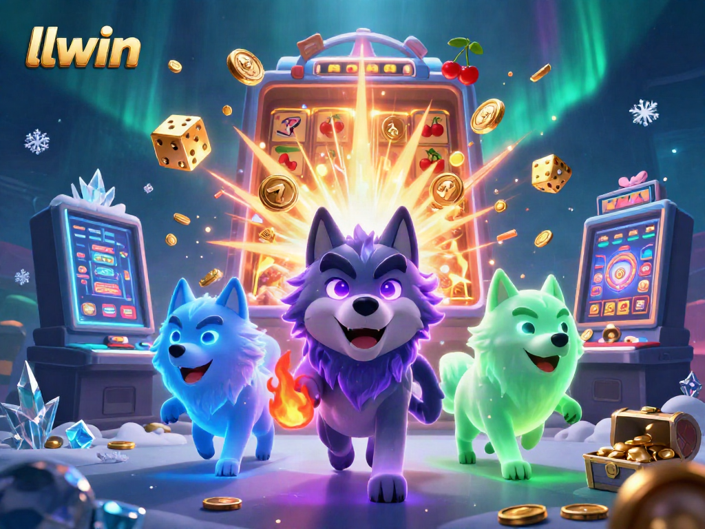 Experience the thrill at llwin with a captivating 3D scene of casino elements and shadow wolves in action.