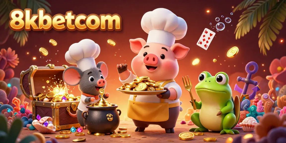 Experience the thrill of 8kbetcom with a cheerful chef pig serving gold coins as gourmet delights.