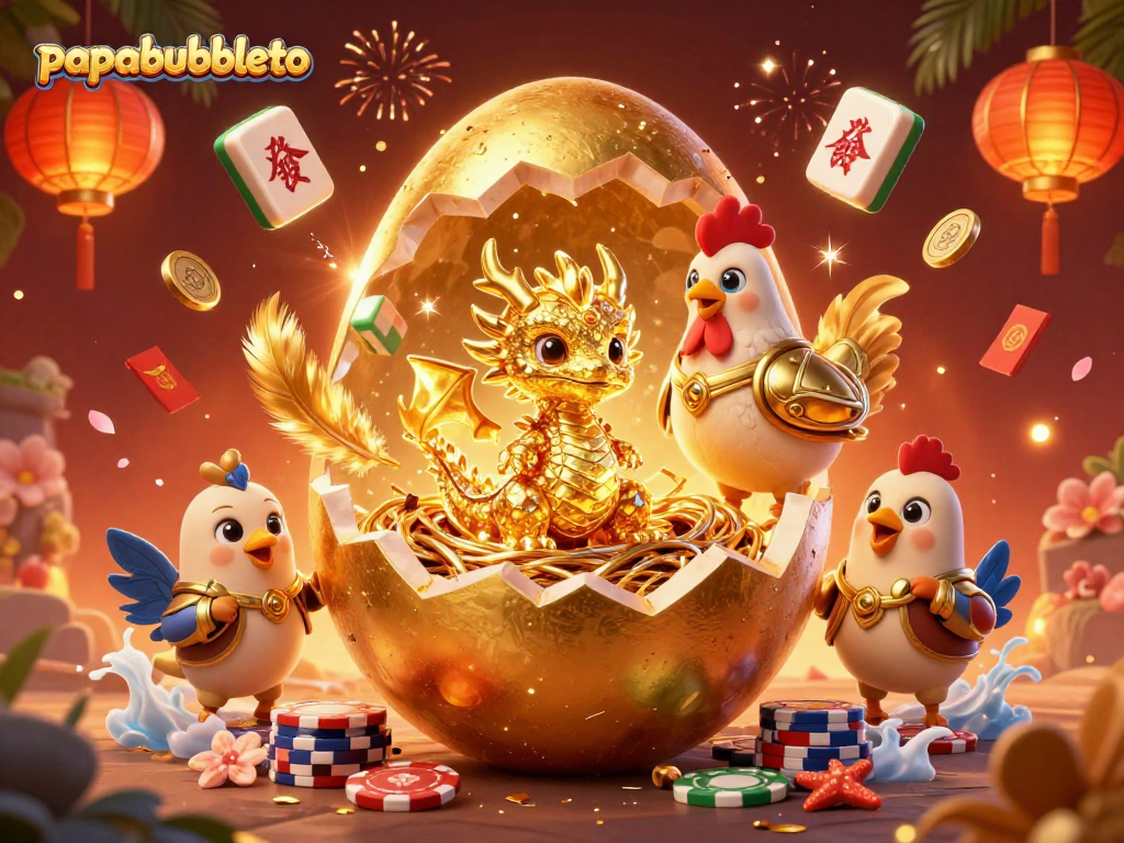 Engage in thrilling moments at papabubbleto with a 3D dragon guarding a nest of poker chips amidst vibrant gaming elements.