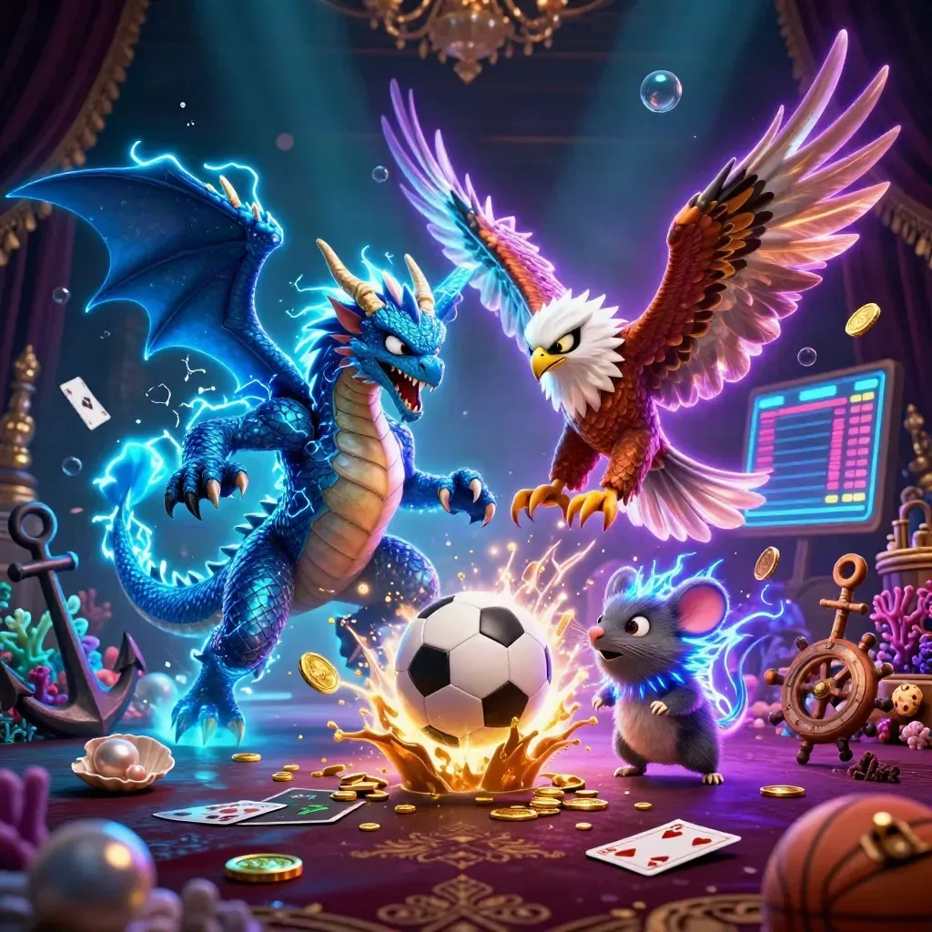 Thunder dragon, wind hawk and static mouse amid coins, balls and coral in neon casino light