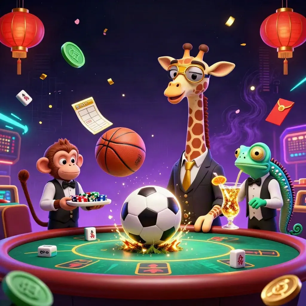 Ground-level casino sports art: giraffe, monkey and chameleon amid a frozen ball, coins and neon sparks.