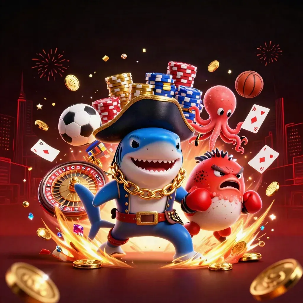 Pirate shark, pufferfish, and octopus in a neon casino coin explosion with cards, chips, and sports props.