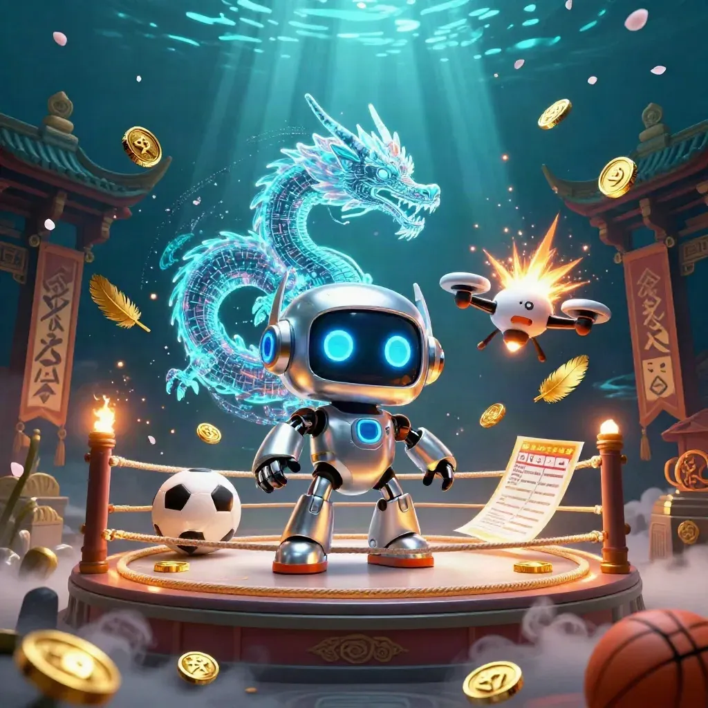 Cyberpunk robot, holographic dragon, and coin drone amid gold, cyan, and temple lights.