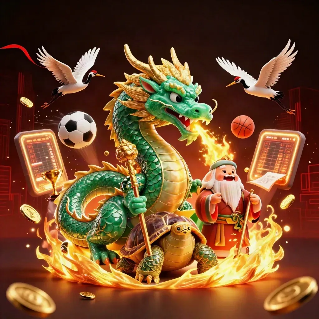 Emerald dragon, turtle sage, and cranes amid flying balls, gold fire, and neon stadium beams.