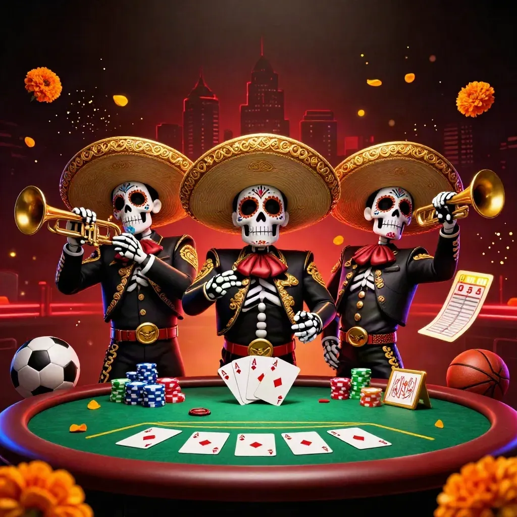 Skeleton mariachi trio amid poker chips, cards, balls, and neon casino lights.