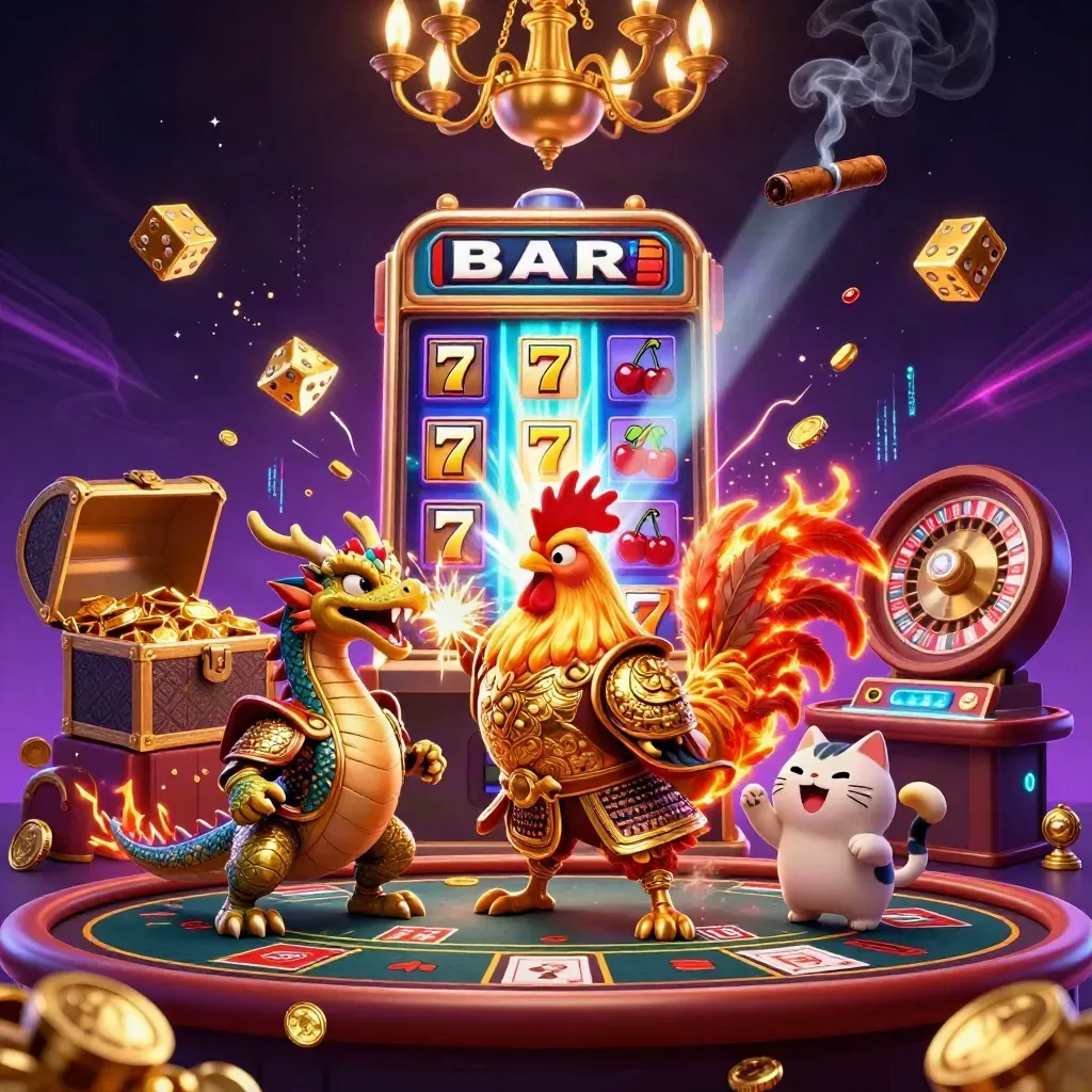 Rooster warrior, dragon hatchling, and fortune-cat amid a neon slot blast in a luxe casino room.