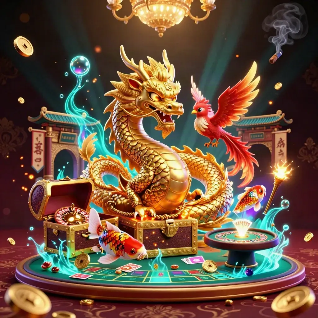 Golden dragon with phoenix and koi amid casino luxury, glowing coins, temple gate, and neon effects.