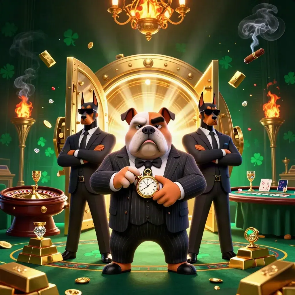 Bulldog boss and Doberman guards in a vault room with gold, gems, and casino glow