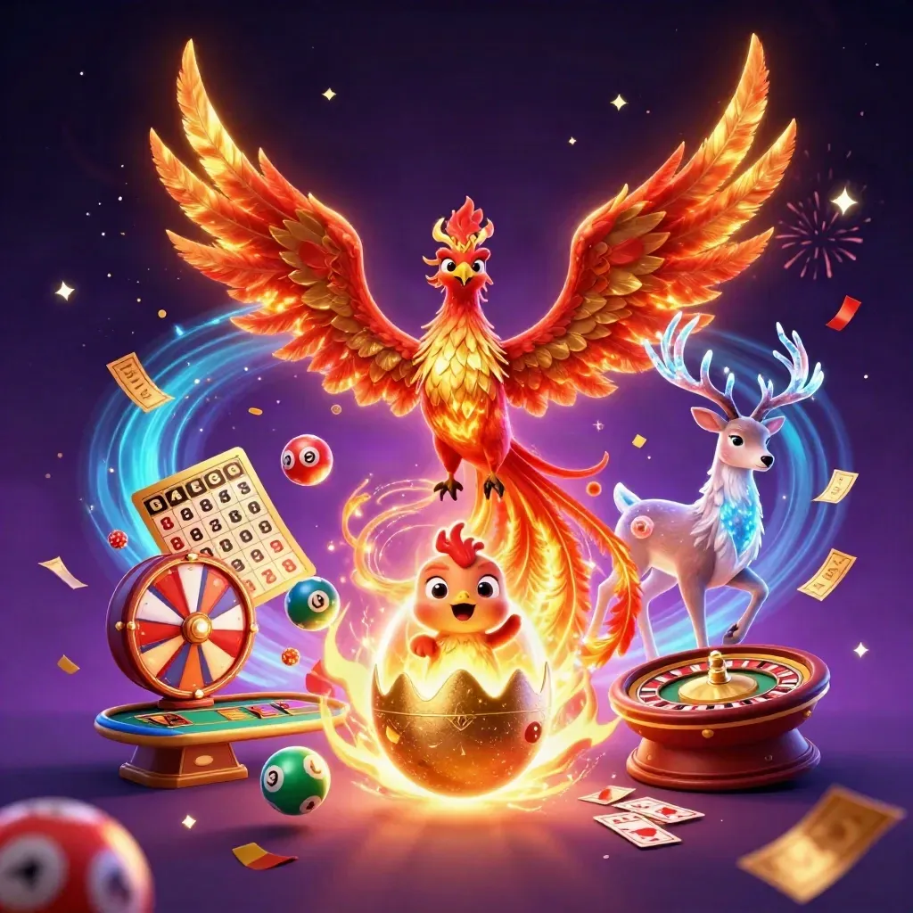 Phoenix, stag, and baby phoenix amid casino lights, gold confetti, and glowing game props.