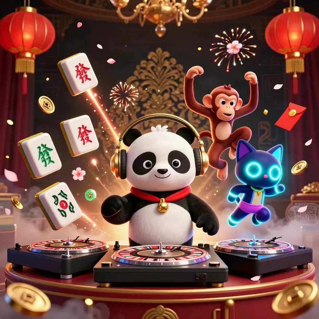 Panda DJ, dancing monkey, and glow-stick kitten amid lanterns, jade coins, and fireworks.