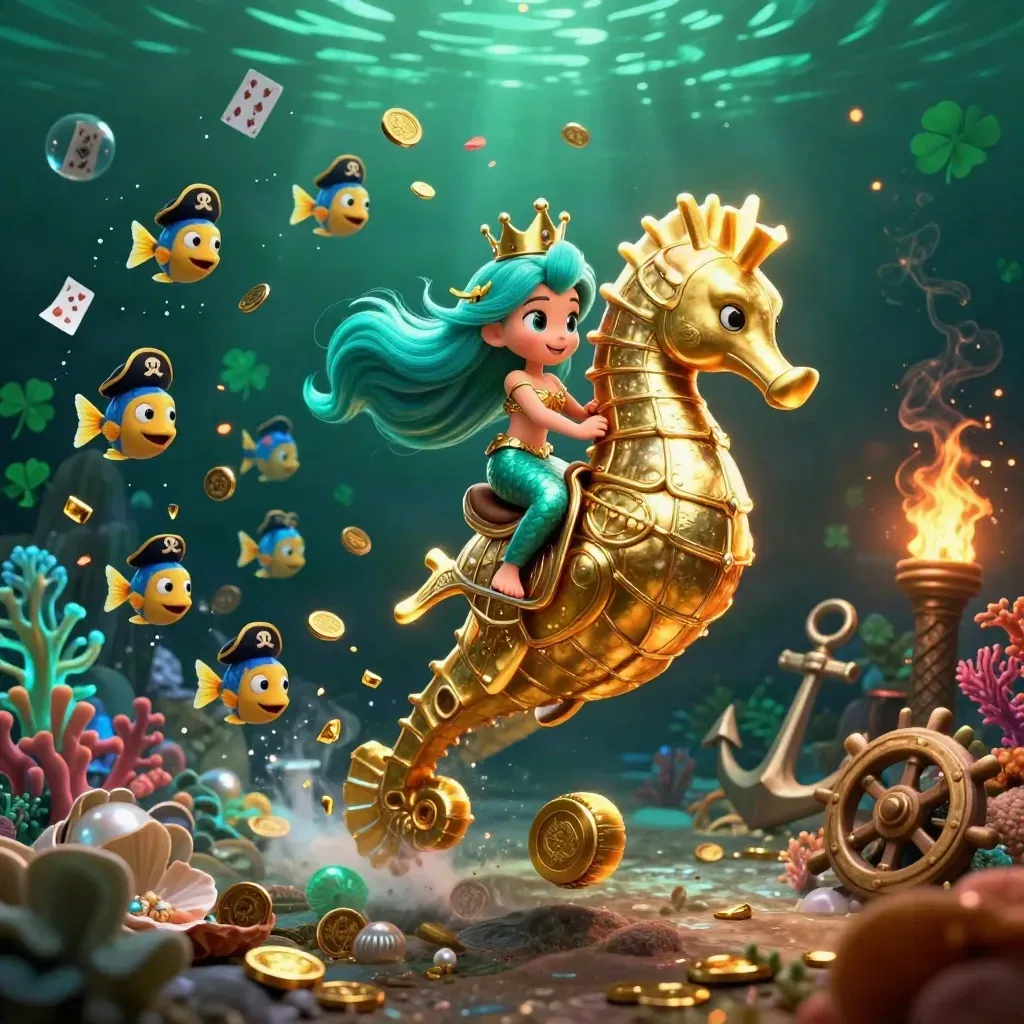 Mermaid princess rides an armored seahorse amid coins, coral, fish, and glowing treasure in deep sea.