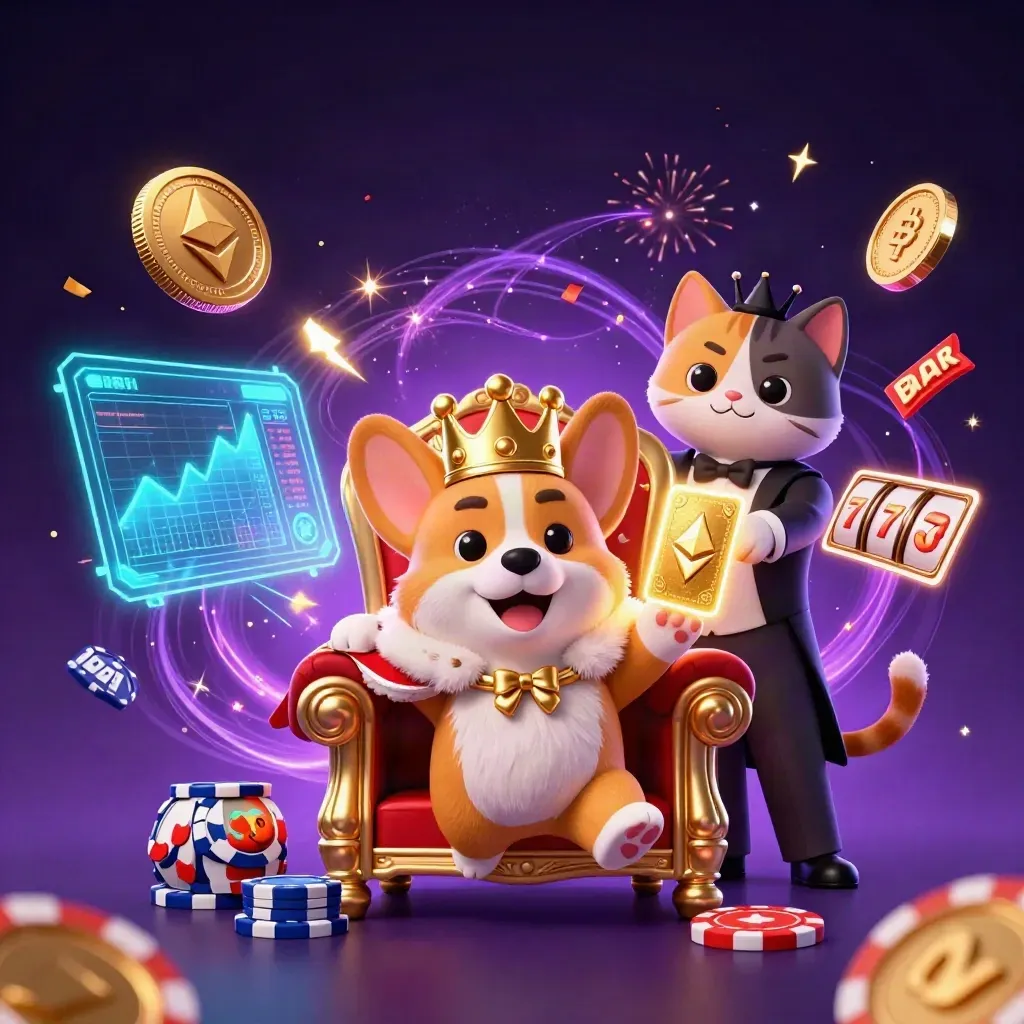 Corgi king and cat butler amid crypto coins, chips, fireworks, and neon casino magic.