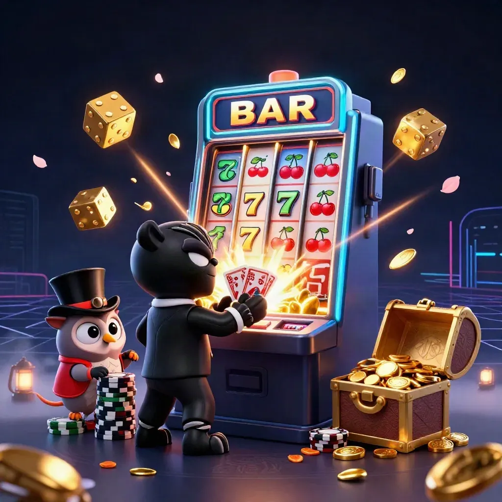 Black panther, owl and mouse around exploding slot machine with gold, chips and neon effects.
