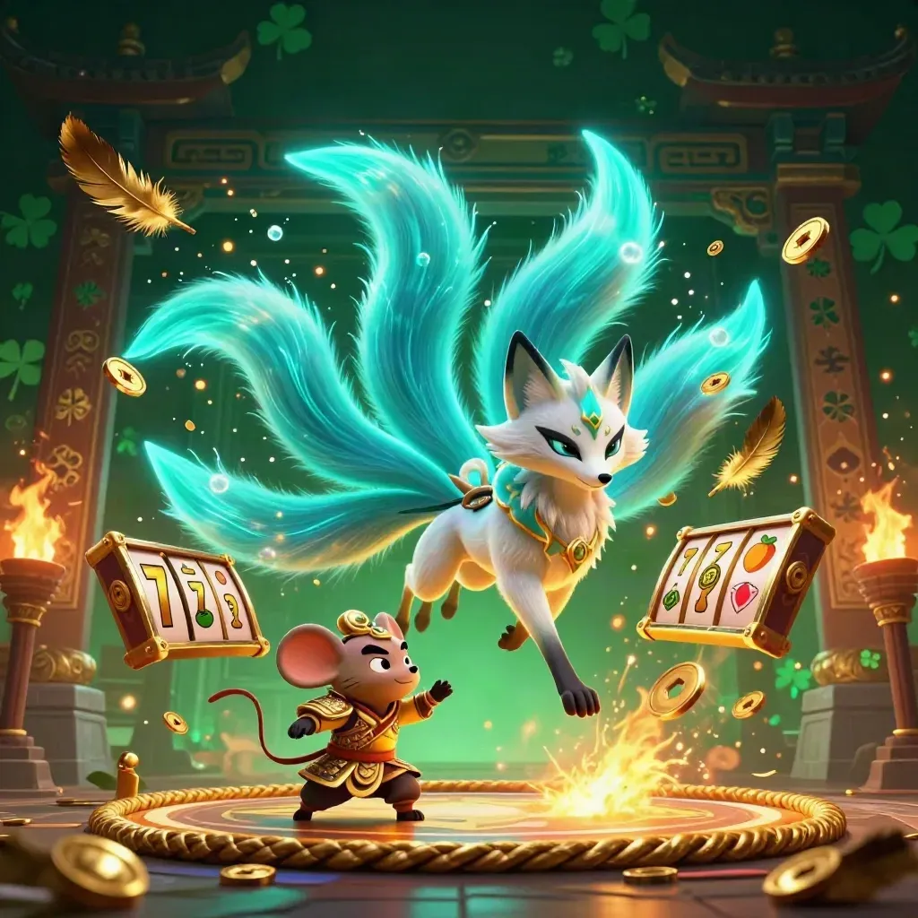 Nine-tailed neon fox spirit and armored mouse amid gold, embers, temple gate, coins, and glowing reels