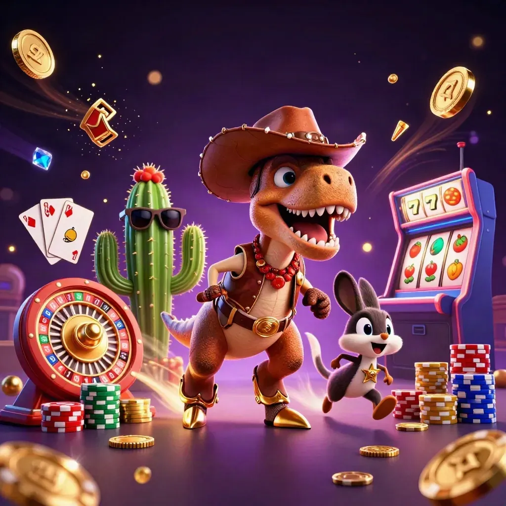 Cowboy T-Rex, cactus sidekick, and roadrunner amid cyan casino magic, coins, chips, and cards.