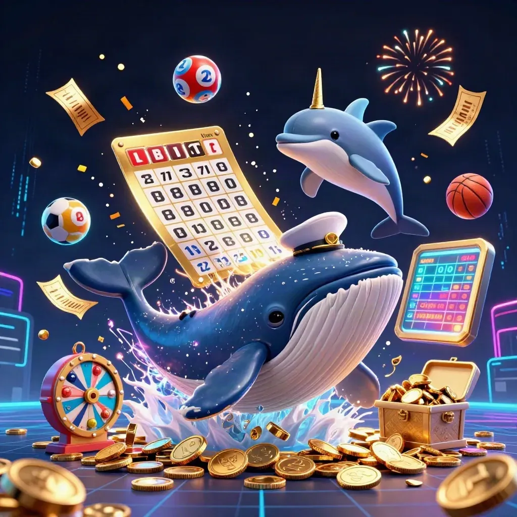 Whale captain, narwhal, dolphins, coins, jackpots and neon casino treasures bursting in a dark sky.