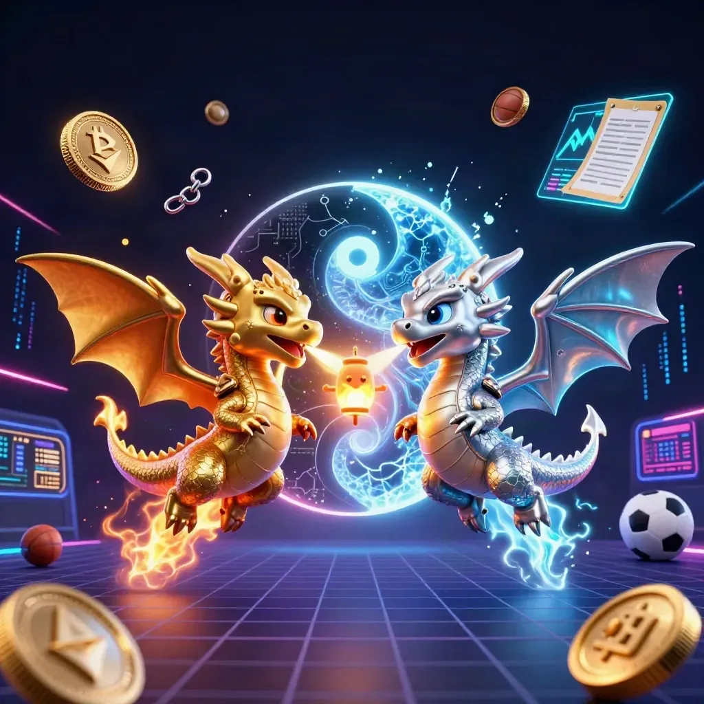 Twin gold and silver dragons with fire and ice, coins, and neon casino effects.