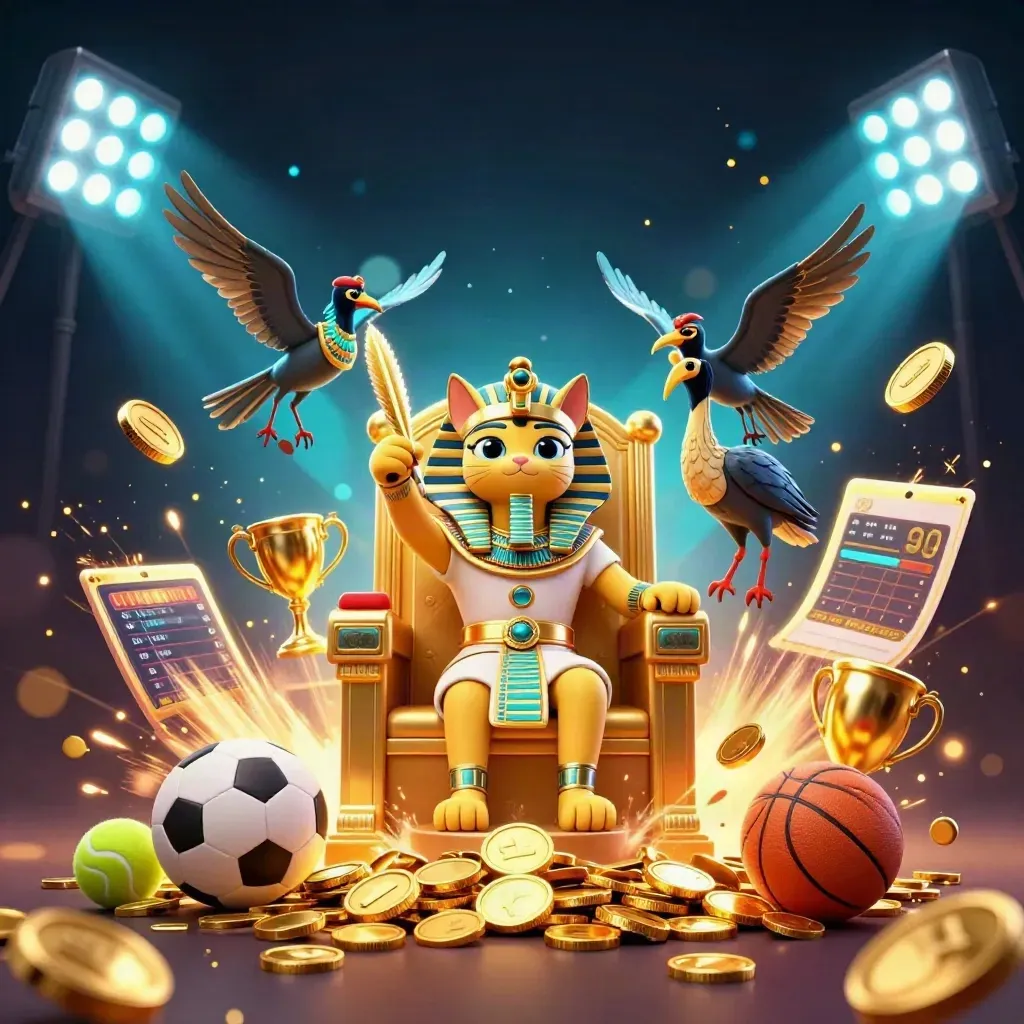 Pharaoh cat on a golden throne with an ibis scribe, scarabs, coins, sports balls, and neon casino glow.