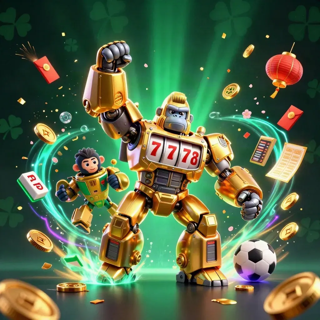 Golden gorilla mech bursts with coins, lanterns, petals, and fireworks in a neon casino scene.
