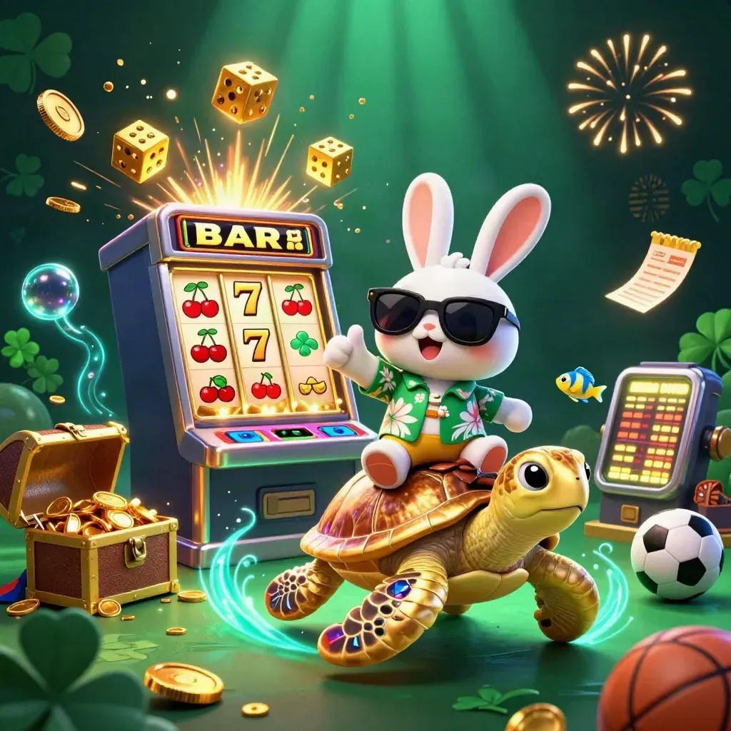 Lucky rabbit rides a golden sea turtle amid slot bursts, gold coins, treasure, and neon casino glow.