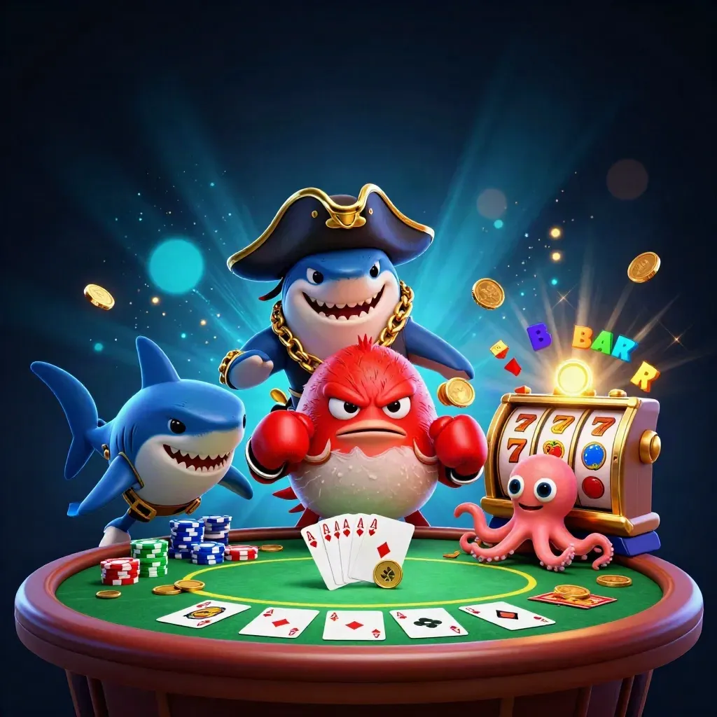 Pirate shark, boxing pufferfish, and juggling octopus amid casino chips and glowing slot symbols.