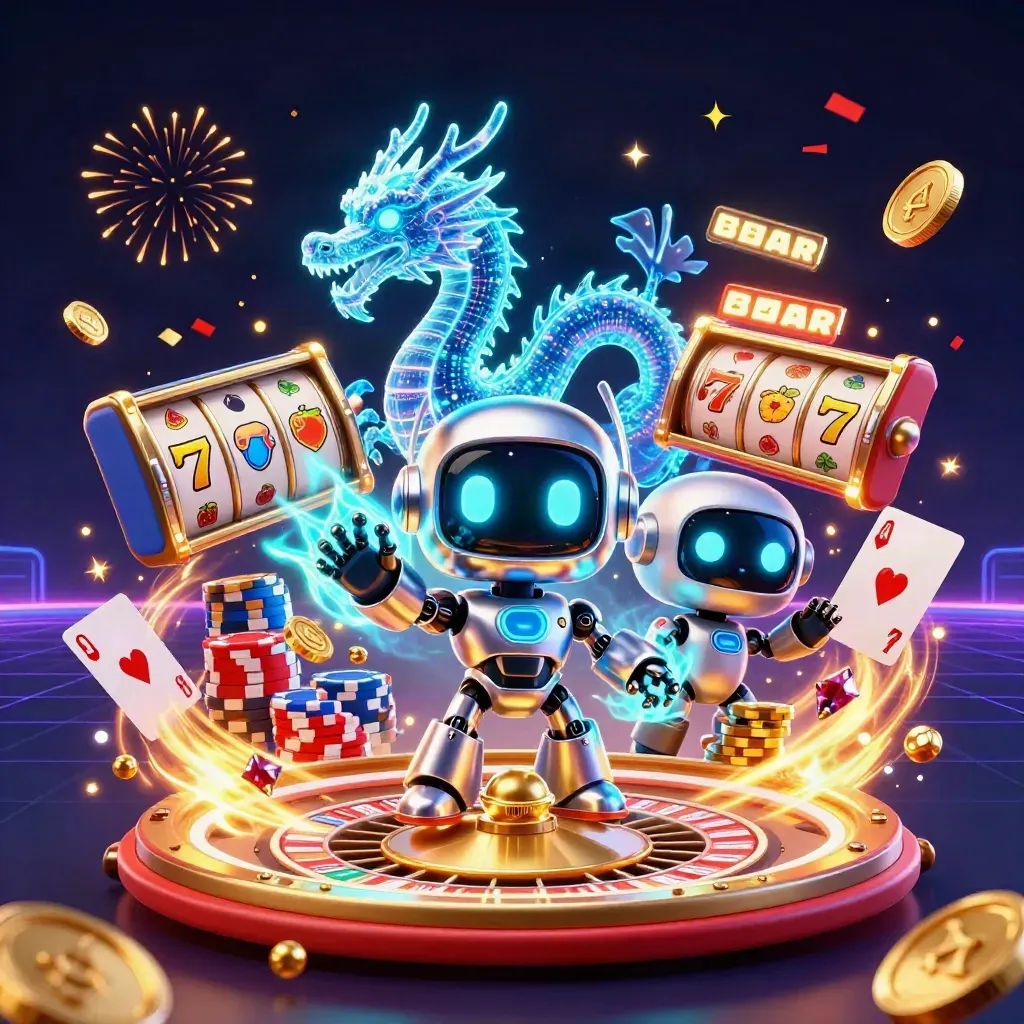 Cyberpunk robot, holographic dragon and coin drone amid neon casino burst in dark cyan and gold.