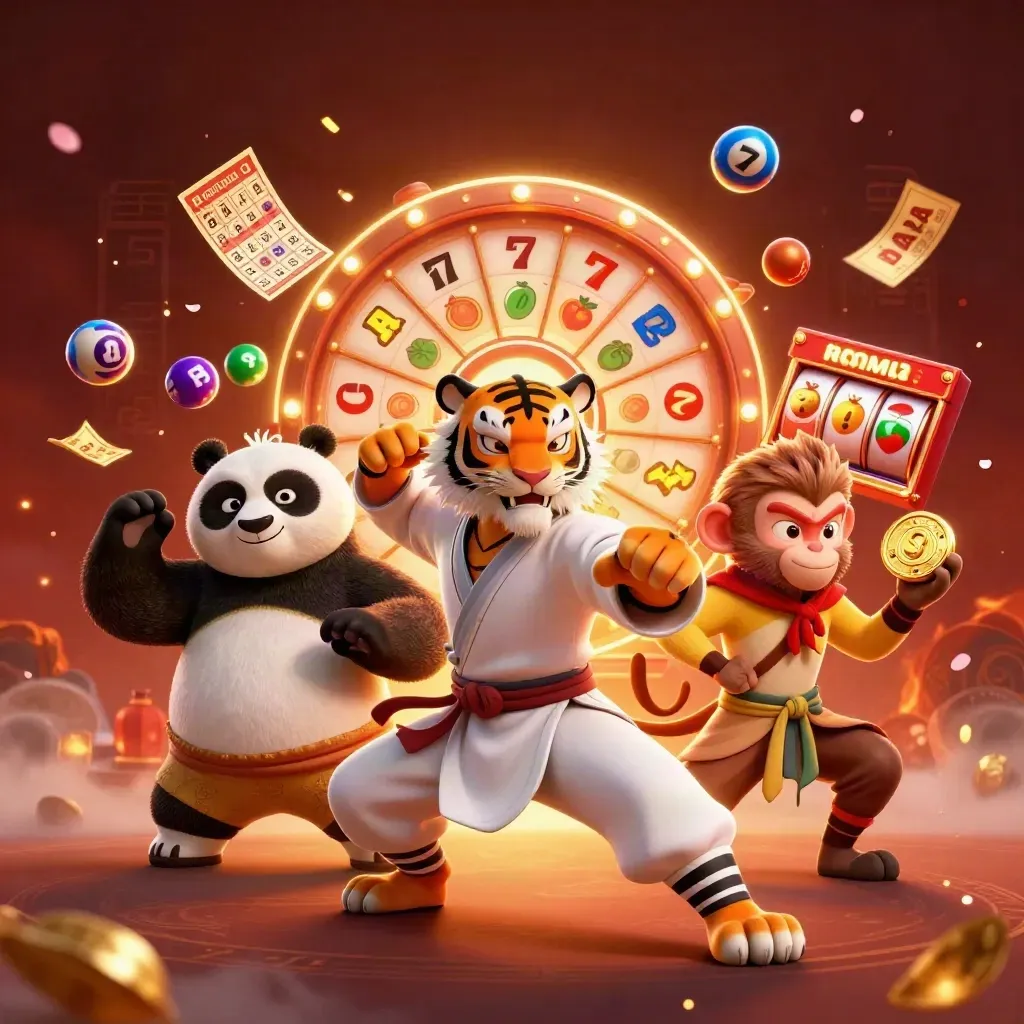 Kung-fu tiger, panda, and monkey amid glowing casino reels, bingo balls, and ember magic