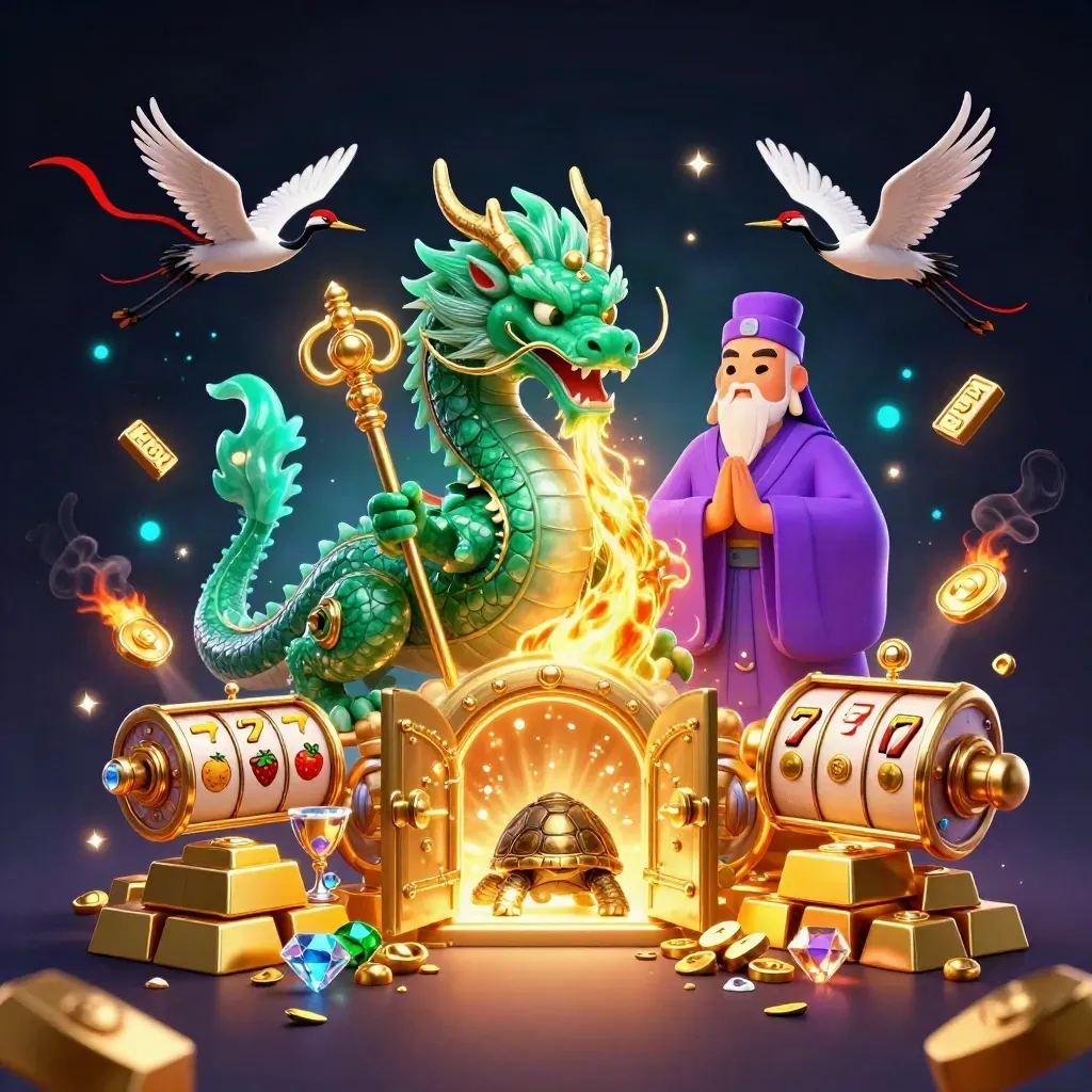 Emerald dragon, turtle sage and cranes amid vault gold, reels, gems and neon casino magic