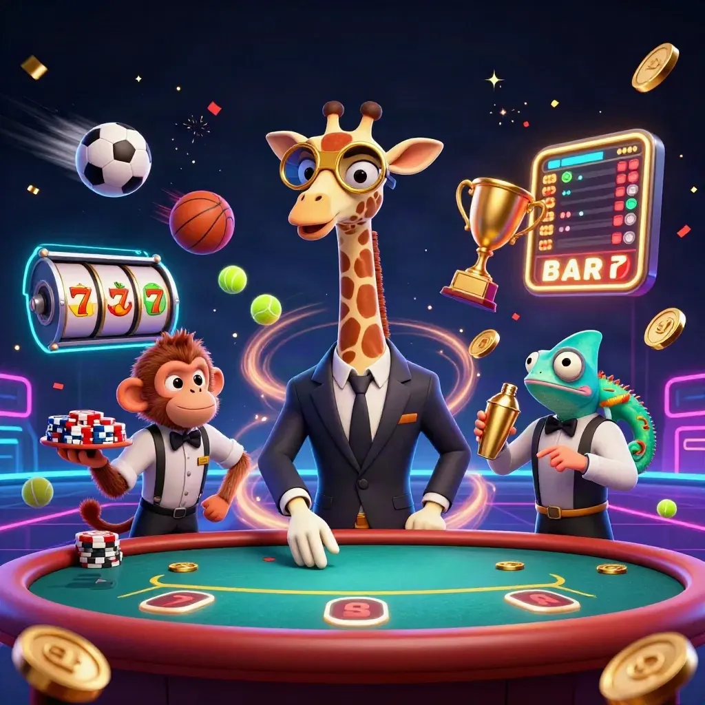 Giraffe high roller, monkey valet, and chameleon bartender amid casino sparks and flying sports balls.