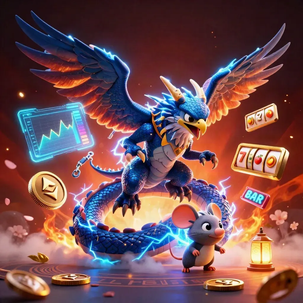Thunder dragon, glowing hawk and tiny static mouse amid neon casino effects.