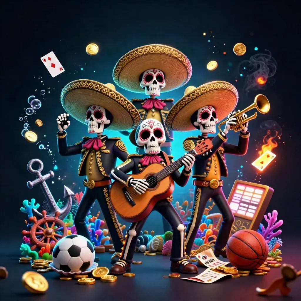 Three skeleton mariachi heroes amid coins, coral, cards, and neon casino treasure
