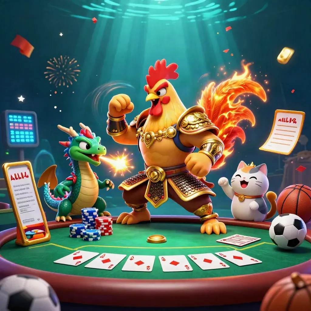 Rooster samurai, spark-breathing dragon hatchling and fortune cat amid casino chips and neon glow.
