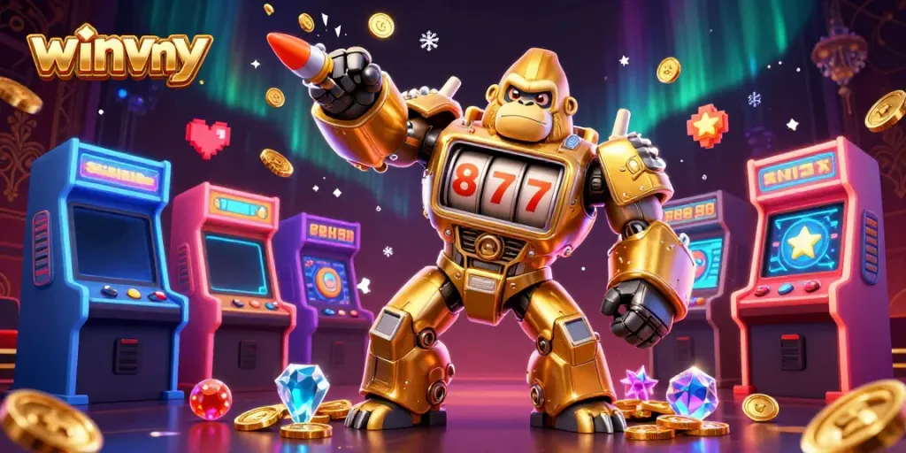 Experience the thrill of winvny with a golden mech gorilla and vibrant casino game elements.