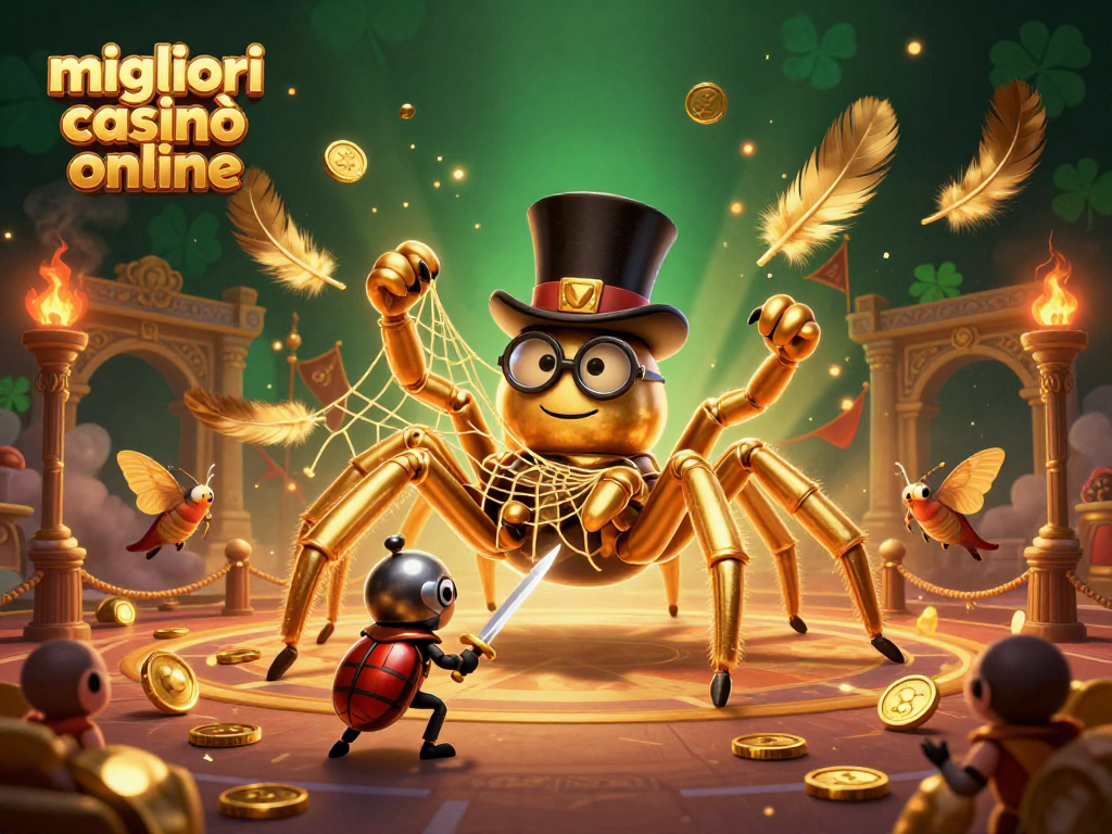 I migliori casinò online offrono azioni emozionanti in un'illustrazione vivace con un ragno d'oro e un cavaliere scarabeo.