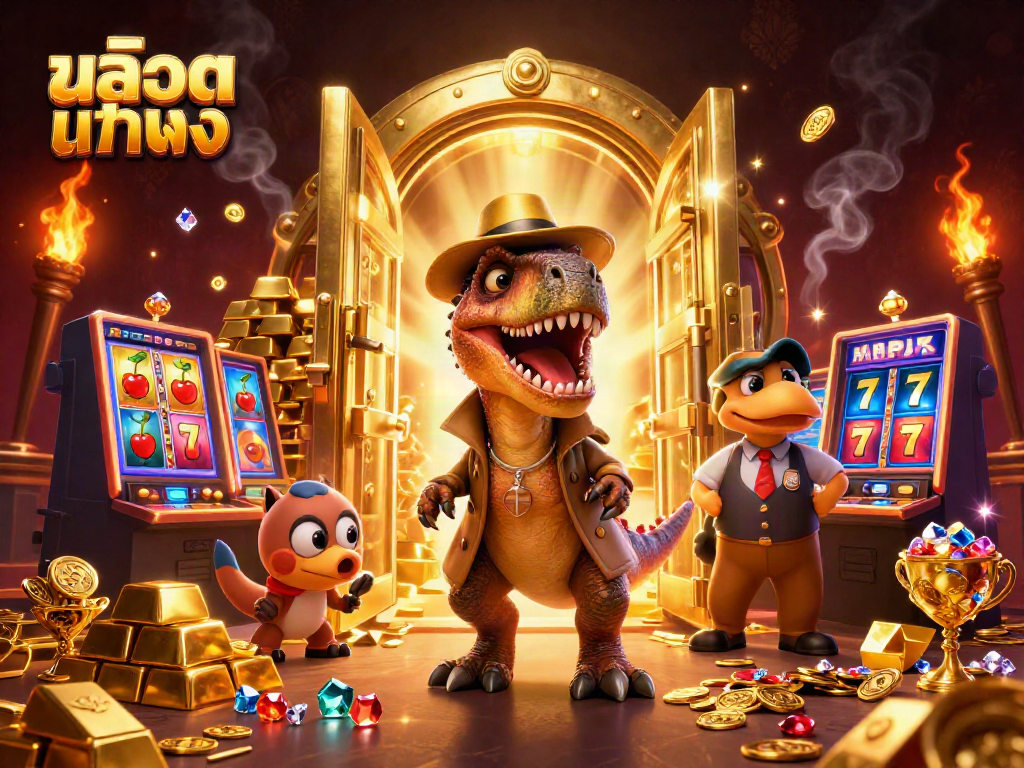 Experience the excitement of สล็อตแท้ตรง with cartoon dinosaurs at a lively casino scene featuring slot machines and treasures.