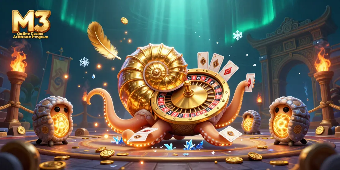 Experience the thrill with M3 Online Casino Affiliate Program, featuring a vibrant nautilus and glowing ammonites.
