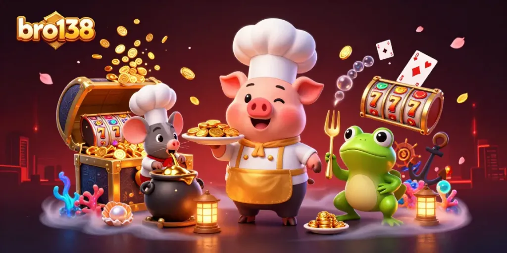 Bro138 platform showcases a vibrant 3D casino scene featuring cartoon characters amidst golden treasures and lively game elements.