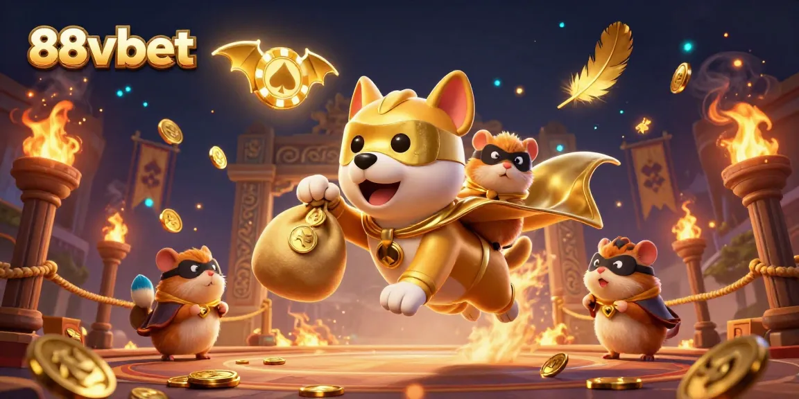 Experience thrilling adventures with 88vbet in this vibrant 3D illustration featuring a superhero dog and hamster.
