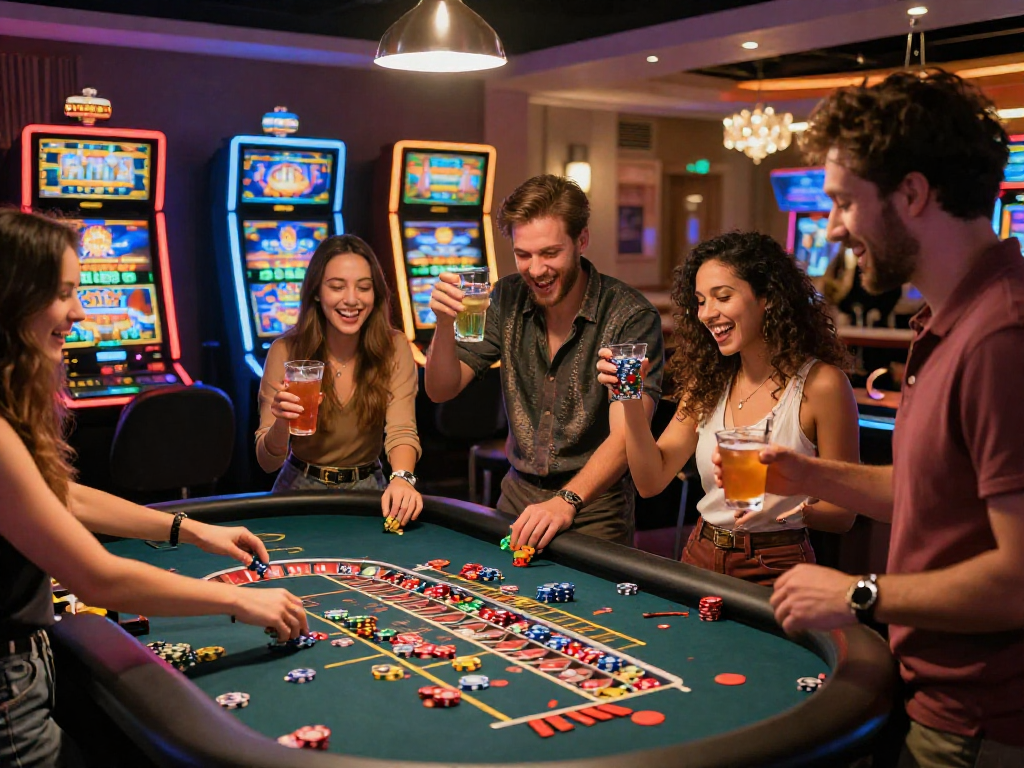 Scena vibrante in un casinò online con amici celebranti ai migliori casinò online, tavolo da roulette e macchine per slot.