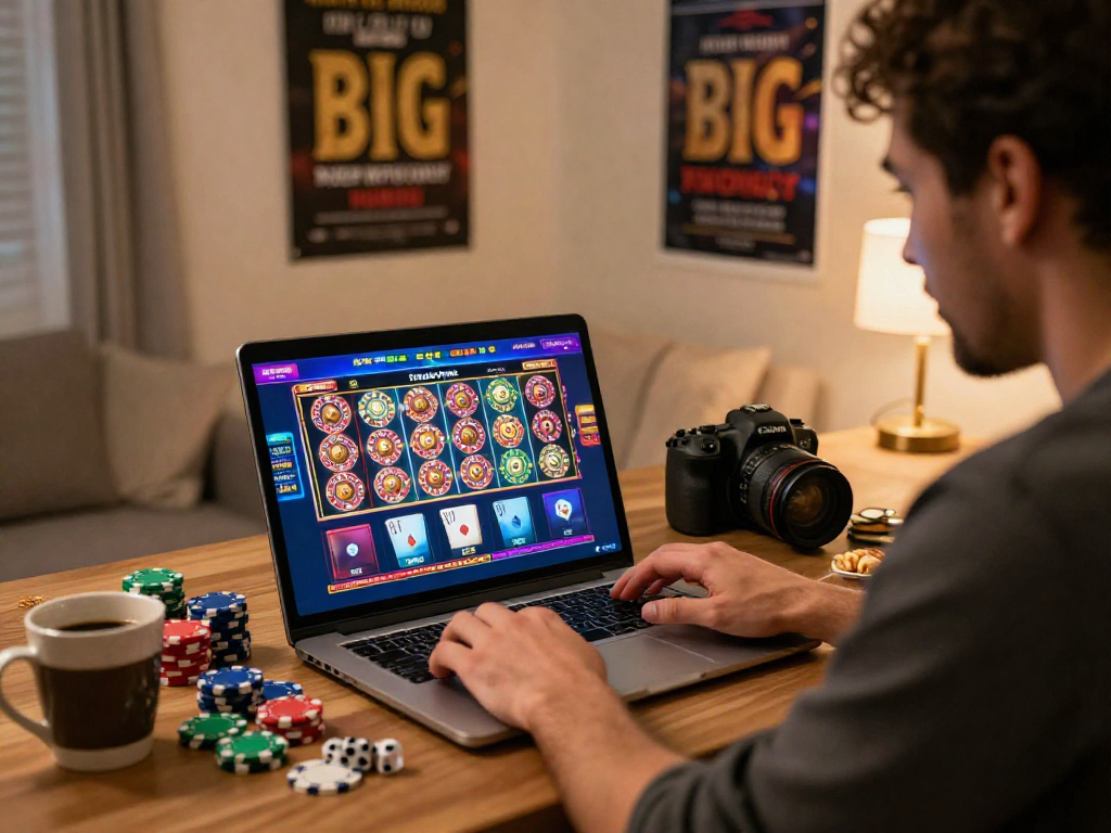 I migliori casinò online mostrano un giocatore entusiasta che interagisce con un laptop immerso nell'atmosfera di gioco, circondato da gettoni e dadi.