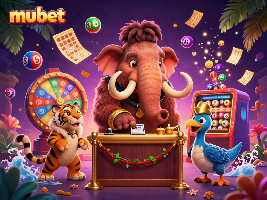 Experience the vibrant energy of mubet with a mammoth bouncer and VIP tiger at a casino entrance.